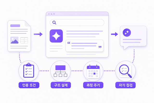 AI 검색 최적화 인용 조건 6가지와 자가 점검 5단계를 정리한 인포그래픽