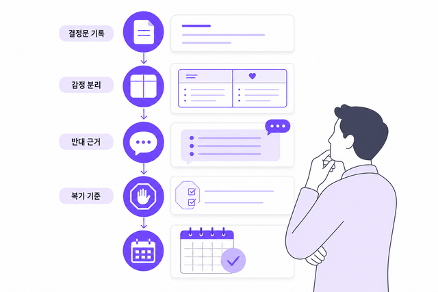 1인 사업 의사결정 5단계를 결정문, 감정·사실 분리, AI 반박, 철회 기준, 복기 순서로 정리한 도식
