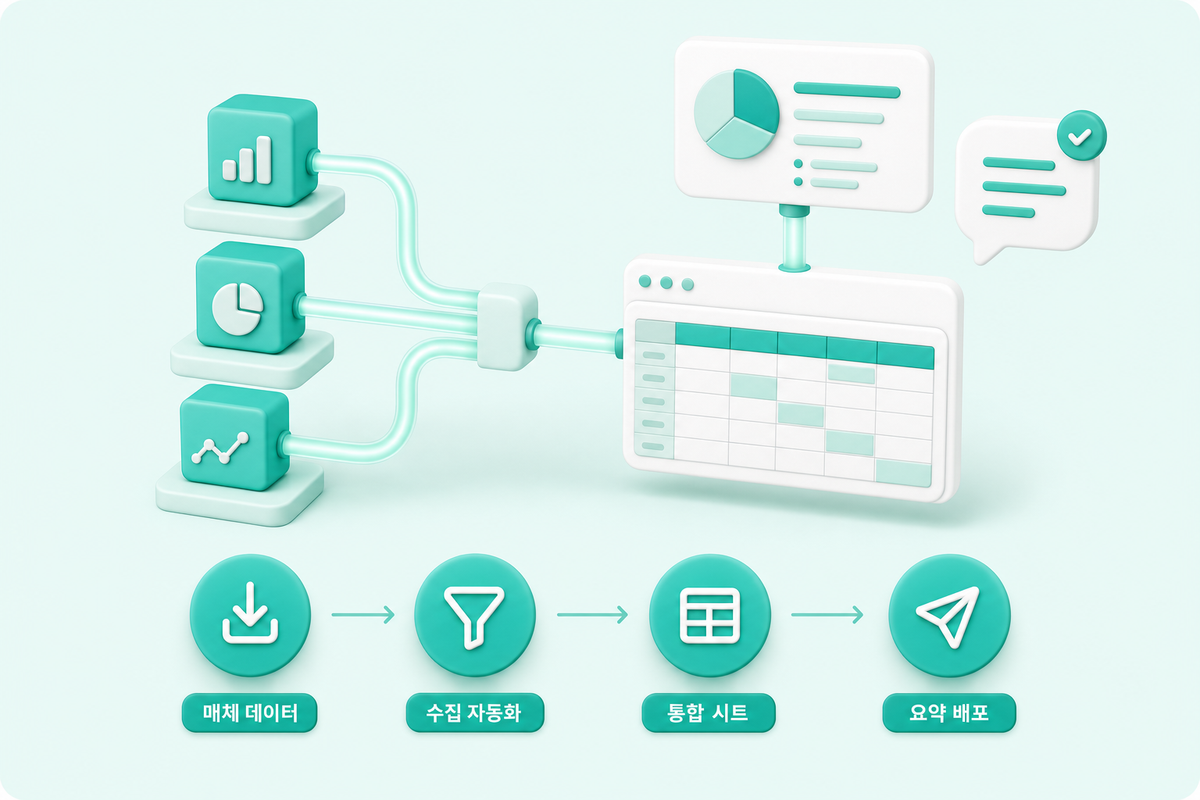 광고 리포트 자동화 구조를 매체 데이터 수집, 통합 시트, AI 요약 배포 흐름으로 표현한 3D 인포그래픽