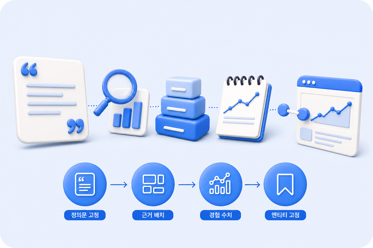 정의문·근거·경험·엔티티 4단계로 이어지는 GEO 콘텐츠 구조 설계 흐름을 보여주는 3D 인포그래픽