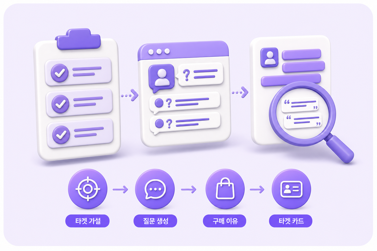 1인기업 마케팅 타겟 설정을 ChatGPT로 3일 5단계로 진행하는 순서를 보여주는 3D 인포그래픽