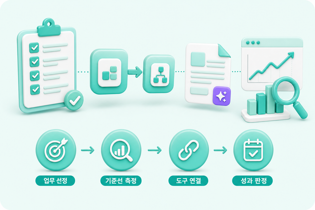 노코드 AI 자동화 8주 파일럿의 업무 선정부터 성과 판정까지 5단계 흐름을 보여주는 3D 인포그래픽