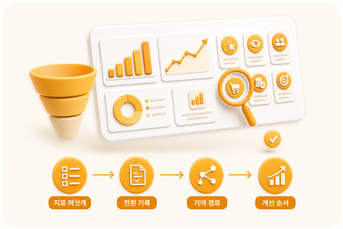 광고 성과 측정에 쓰이는 유입·전환·객단가 등 지표 6개가 대시보드 형태로 정리된 3D 인포그래픽