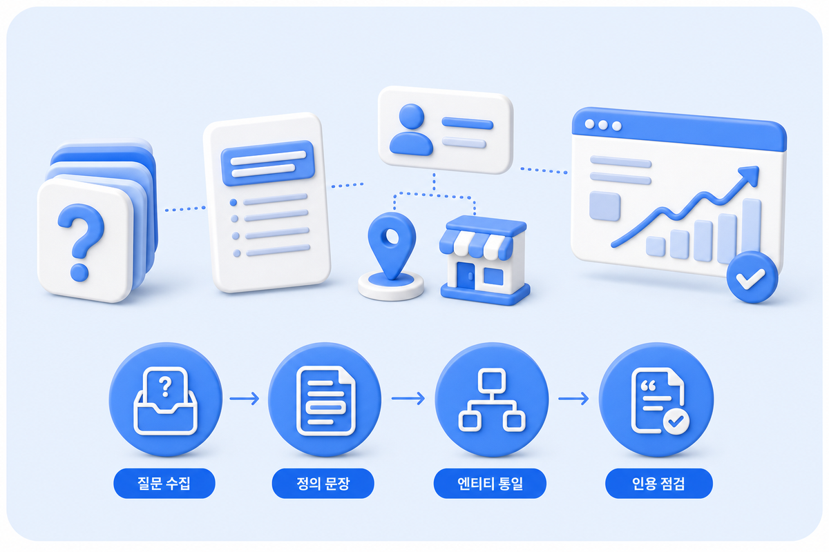 AI 검색 노출을 위한 콘텐츠 구조 6단계를 질문 수집, 정의 문장, 엔티티 통일, 인용 점검 흐름으로 보여주는 3D 인포그래픽