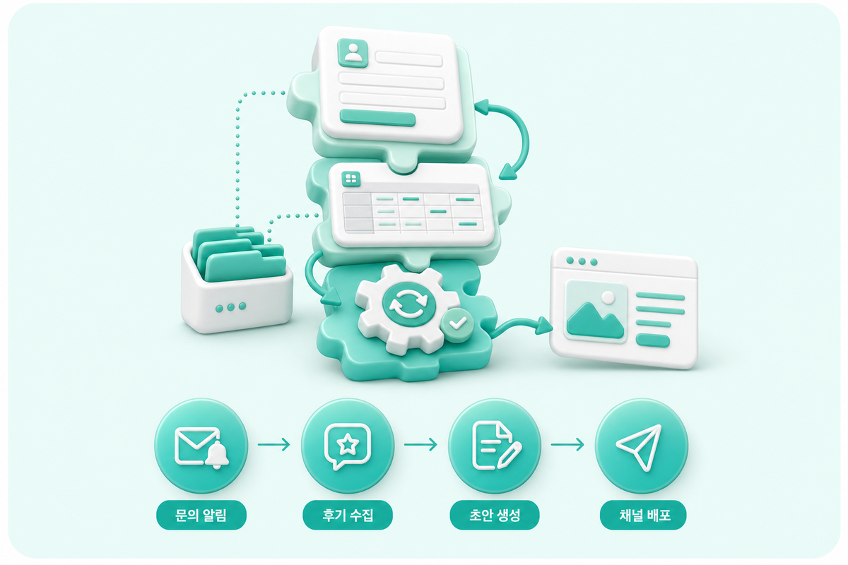 마케팅 자동화 노코드 워크플로를 문의 알림, 후기 수집, 초안 생성, 채널 배포 순으로 연결한 구조 인포그래픽