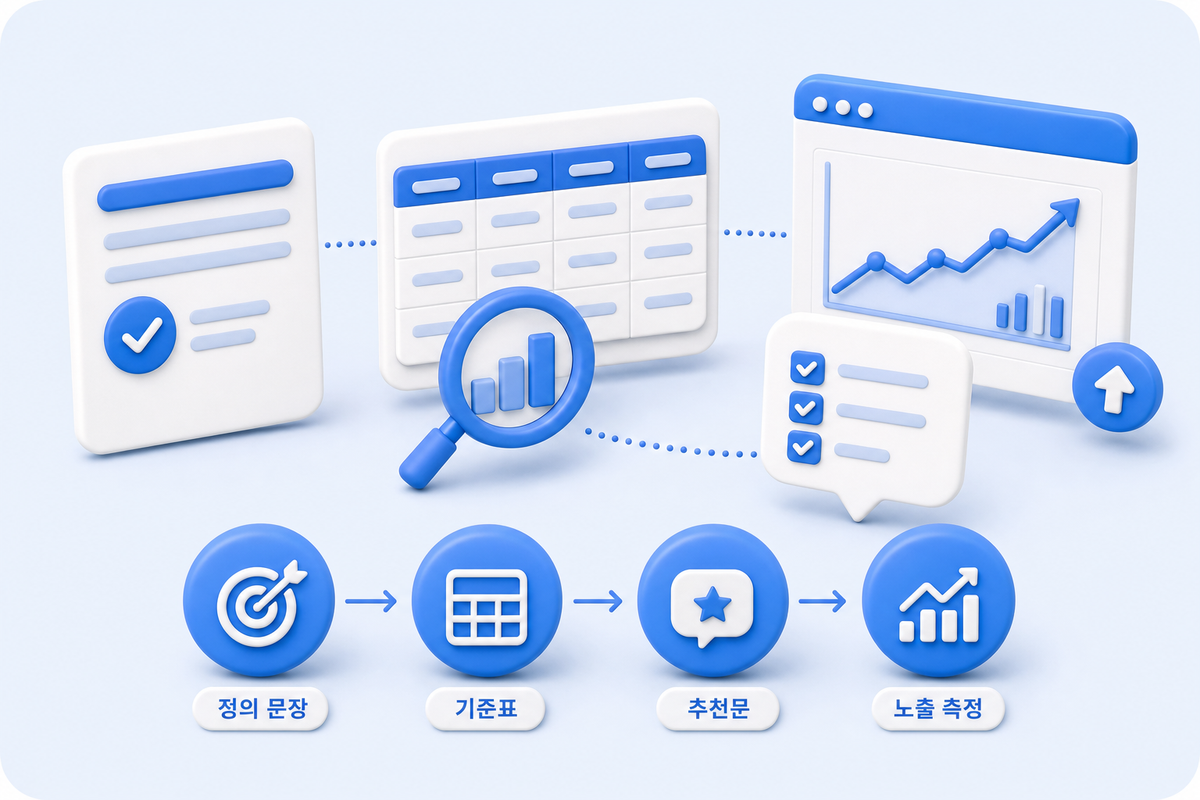 AI 검색 브랜드 추천 후보에 들어가기 위한 정의 문장, 비교 기준표, 노출 측정 단계를 나타낸 3D 인포그래픽