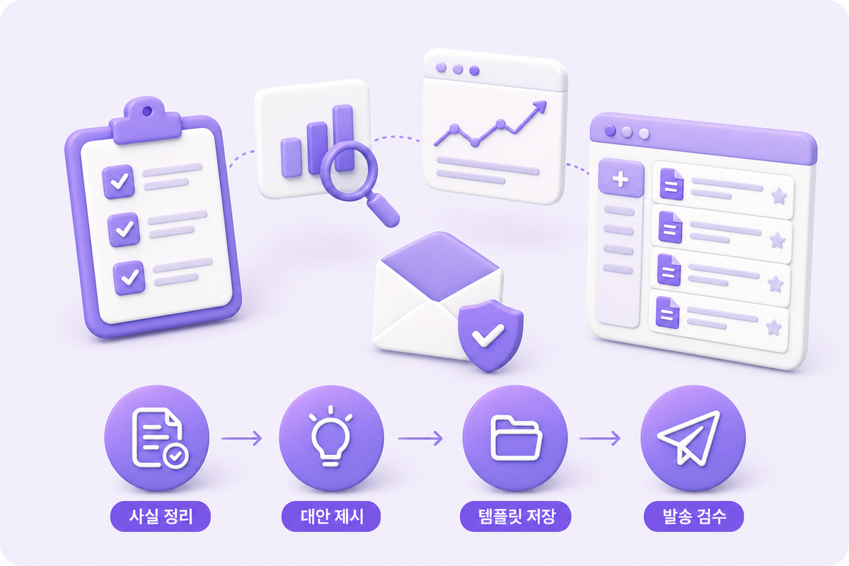 고객 거절 메일을 사실·조치·대안 3단 구조로 정리하고 템플릿으로 저장하는 과정을 보여주는 인포그래픽