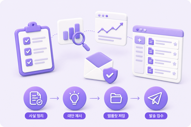 고객 거절 메일을 사실·조치·대안 3단 구조로 정리하고 템플릿으로 저장하는 과정을 보여주는 인포그래픽