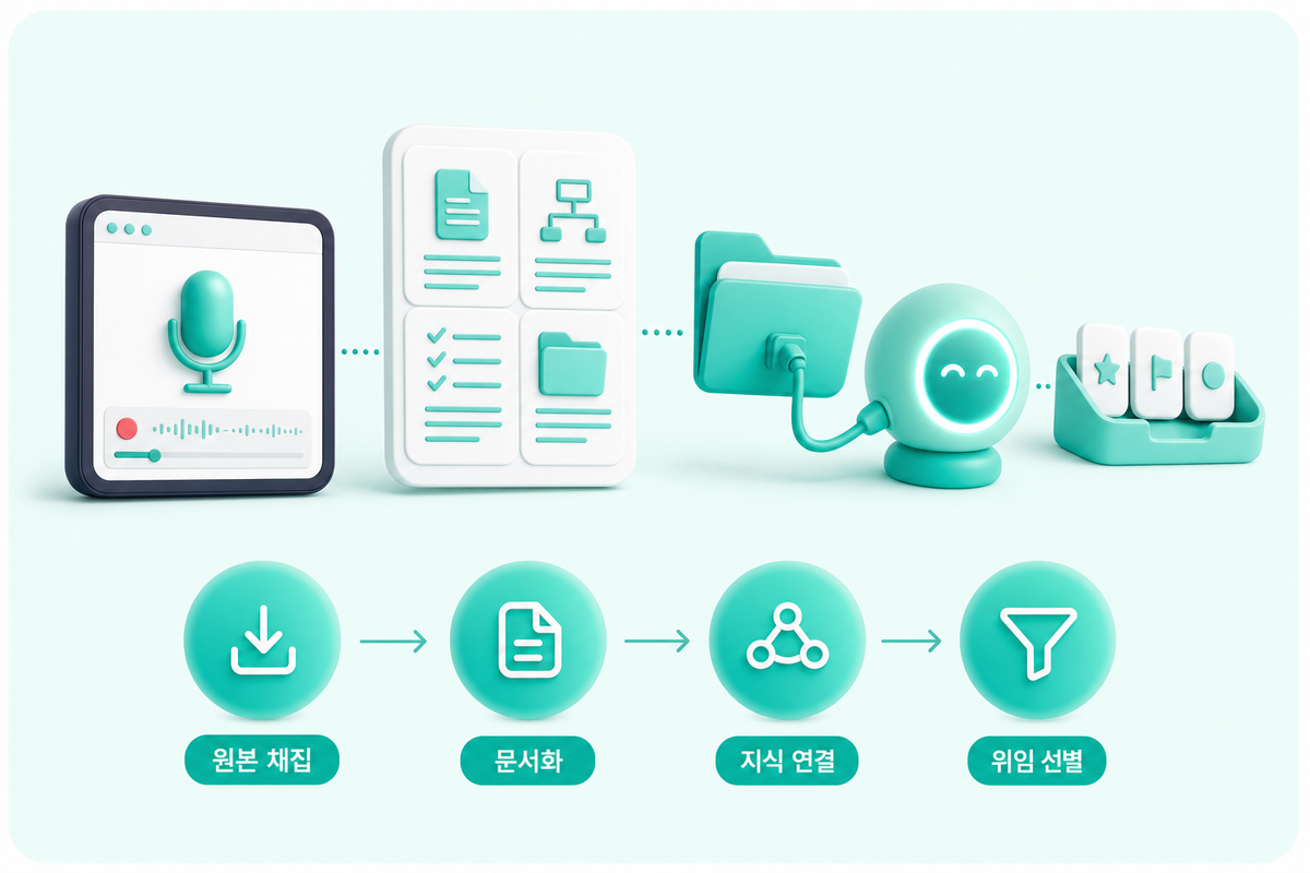 업무 매뉴얼 자동화 4단계를 화면 녹화부터 위임 선별까지 흐름으로 보여주는 3D 인포그래픽