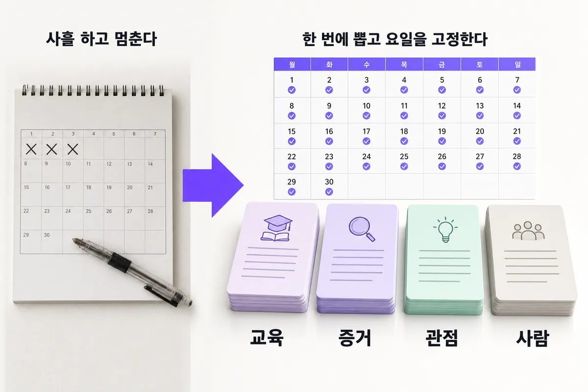 매일 뭘 올릴지 몰라 끊길 때 — 30일 콘텐츠 캘린더 — 문제와 해결을 한 장으로 정리한 인포그래픽