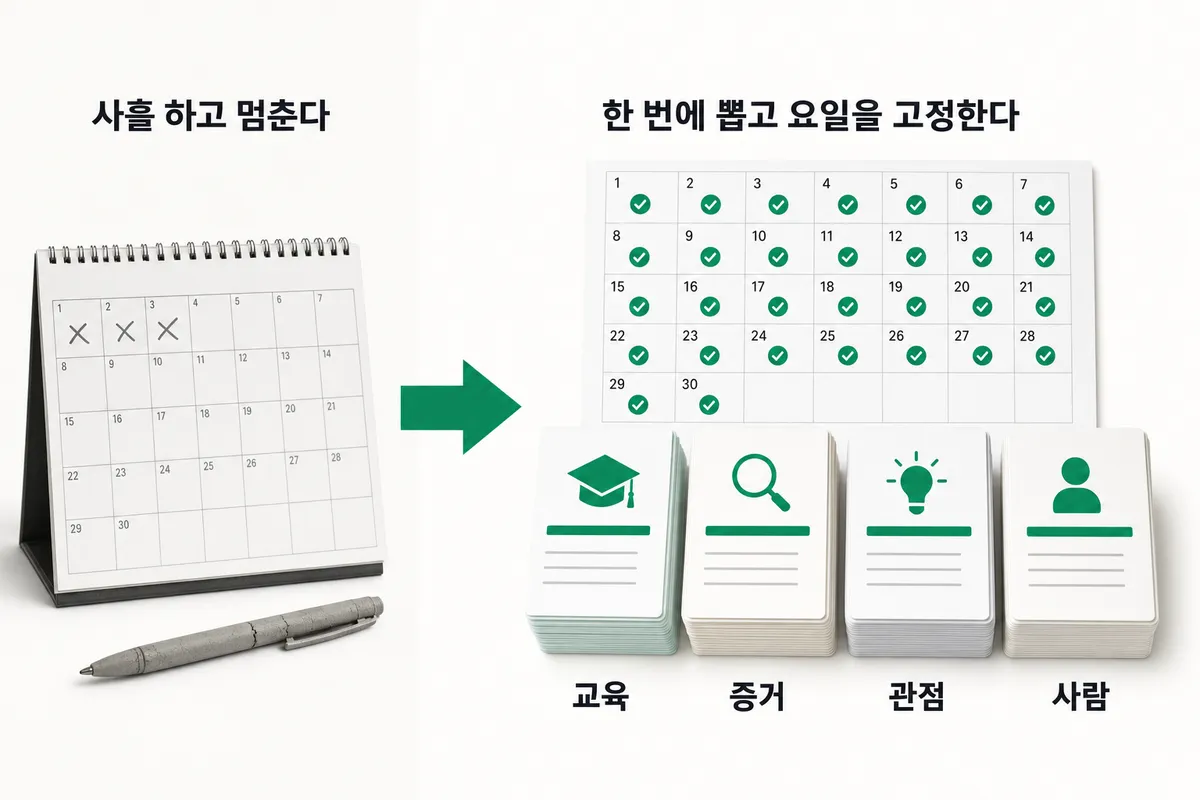매일 뭘 올릴지 몰라 끊길 때 — 30일 콘텐츠 캘린더 — 문제와 해결을 한 장으로 정리한 인포그래픽