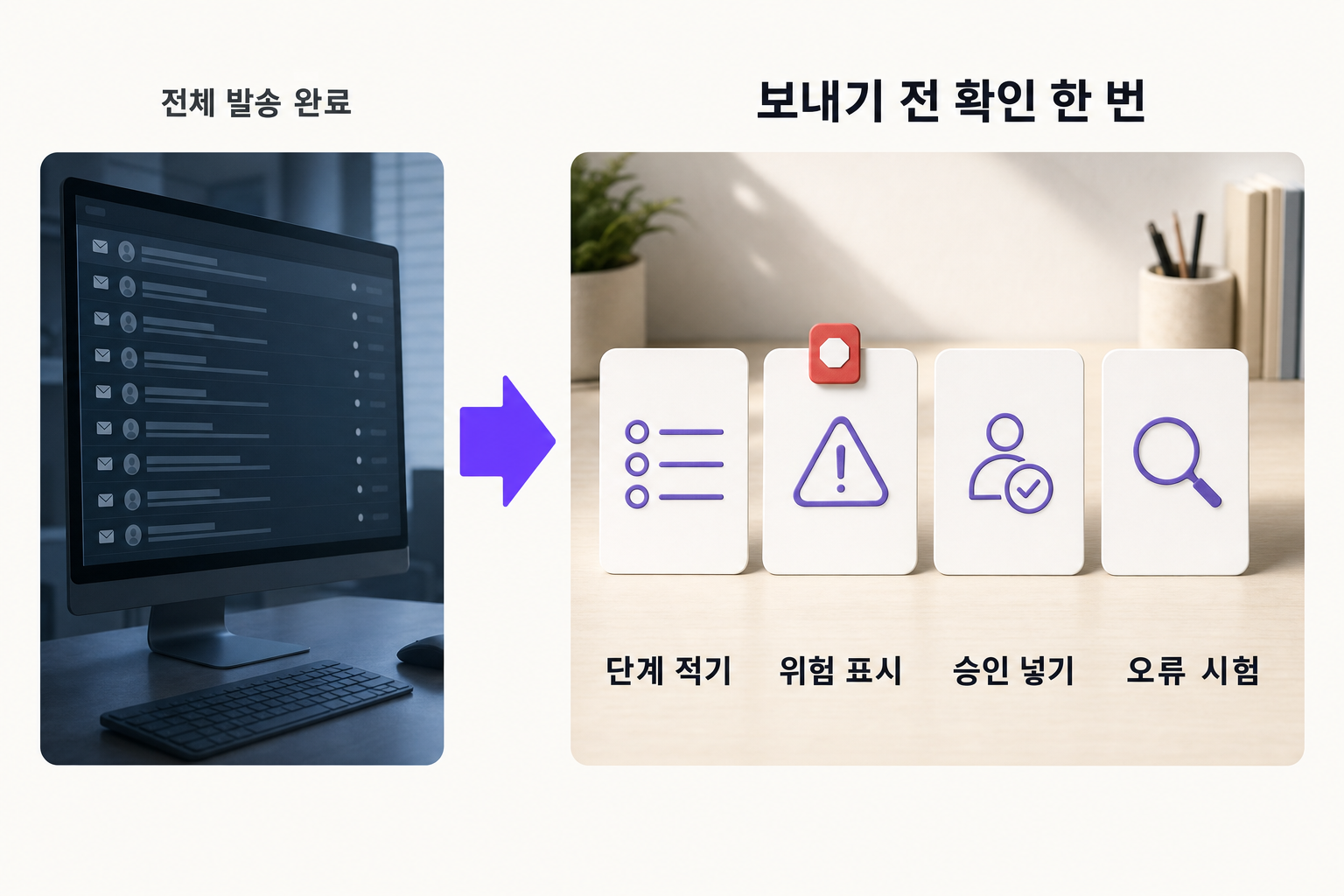 자동화가 틀린 걸 전부에게 보냈다면 — 문제와 해결을 한 장으로 정리한 인포그래픽