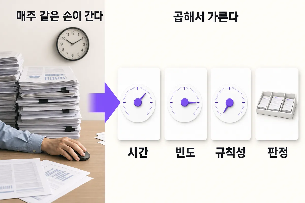 같은 일을 매주 반복하고 있을 때 — 자동화 판정 — 문제와 해결을 한 장으로 정리한 인포그래픽