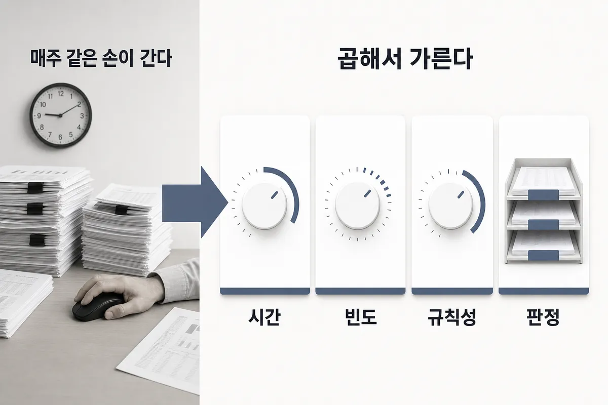 같은 일을 매주 반복하고 있을 때 — 자동화 판정 — 문제와 해결을 한 장으로 정리한 인포그래픽