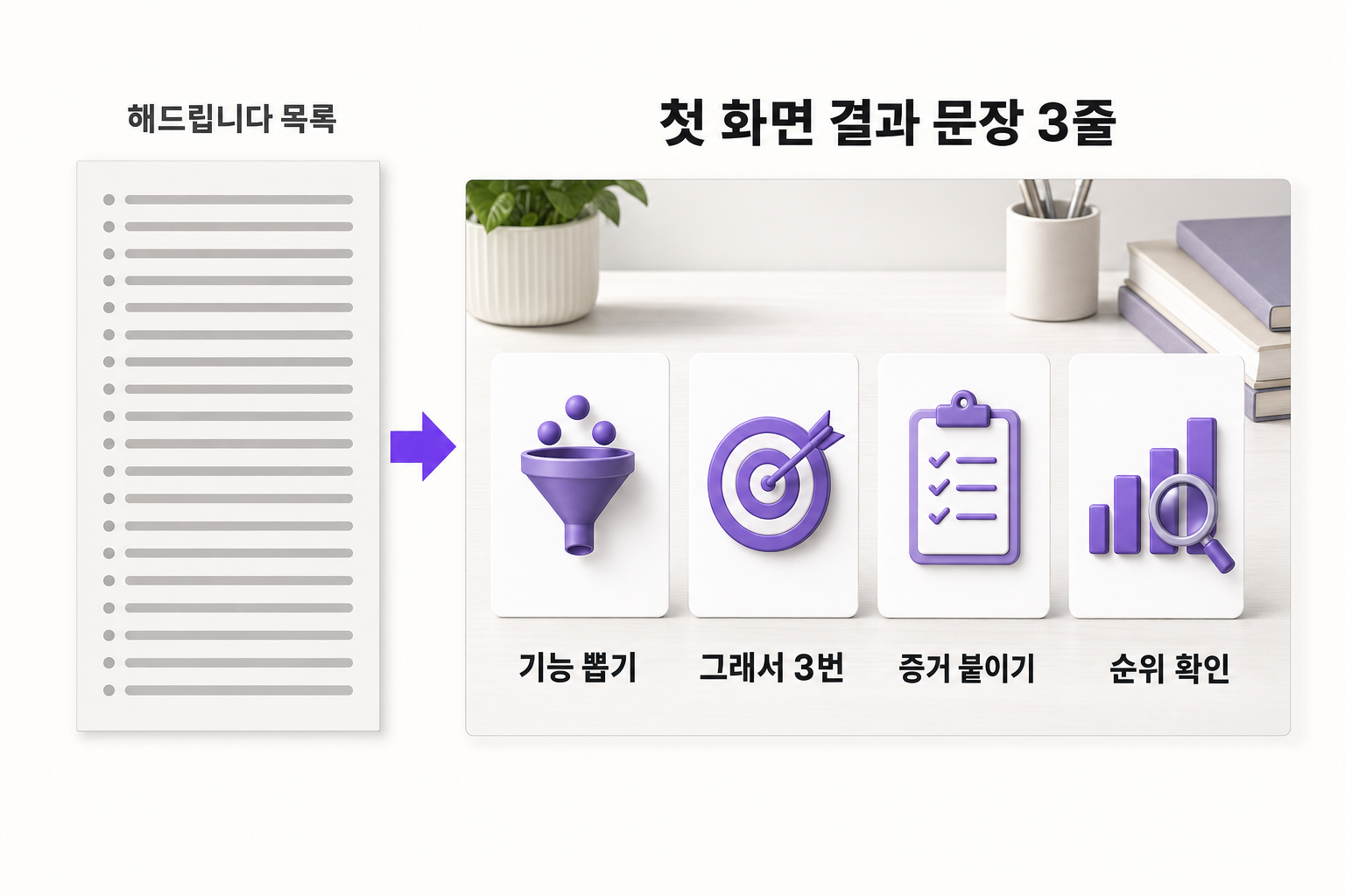 기능 설명을 고객 결과 문장으로 바꾸는 방법, 4단계 — 문제와 해결을 한 장으로 정리한 인포그래픽