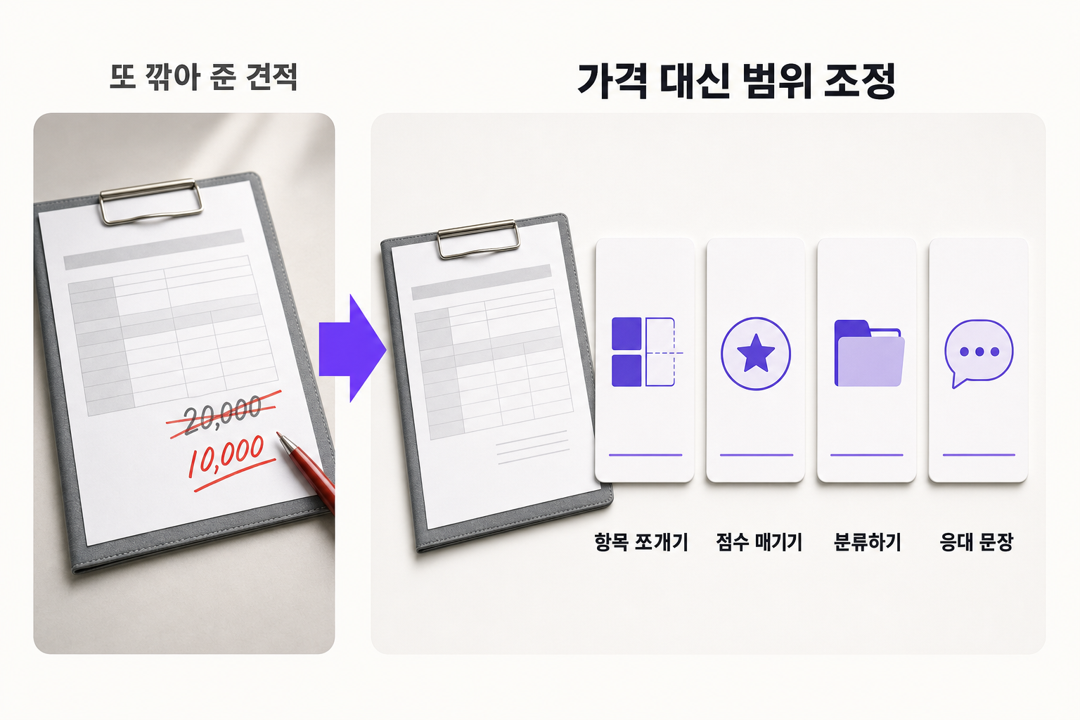 할인 요구에 가격 대신 범위를 줄이는 방법, 4단계 — 문제와 해결을 한 장으로 정리한 인포그래픽