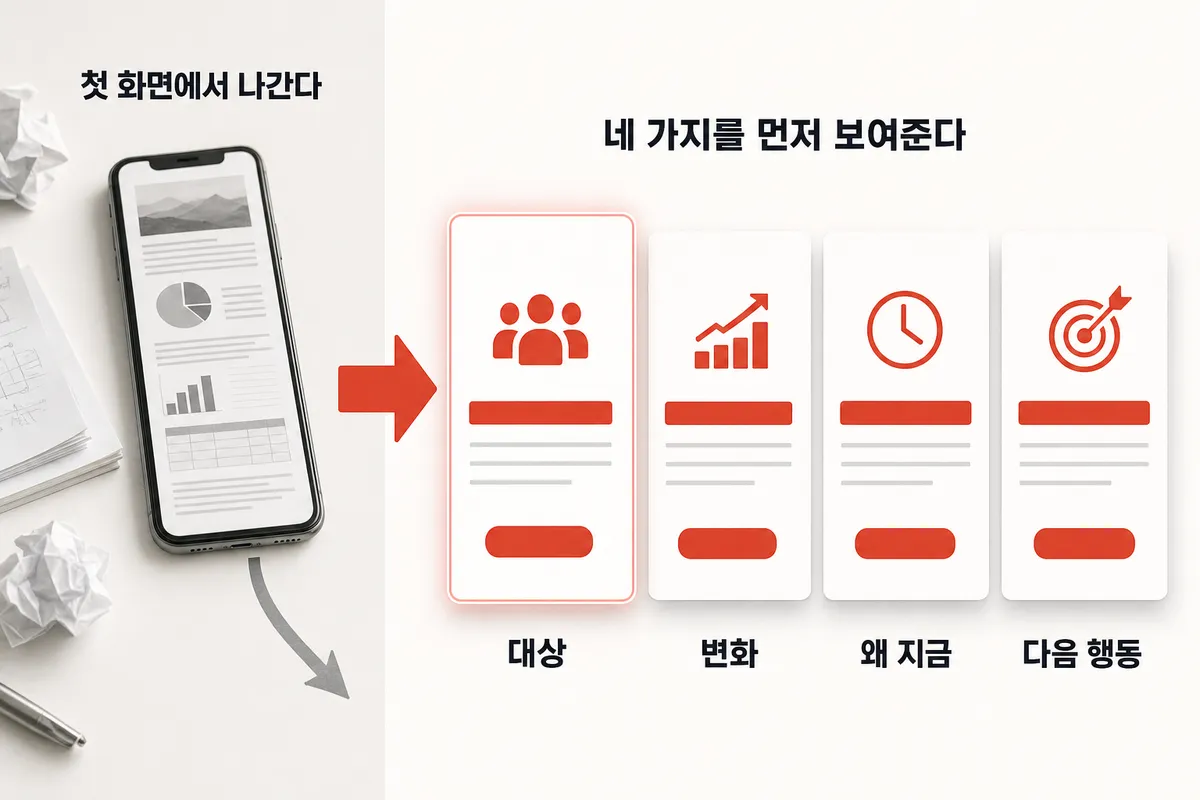 상세페이지는 만들었는데 안 팔릴 때 — 첫 화면 카피 — 문제와 해결을 한 장으로 정리한 인포그래픽