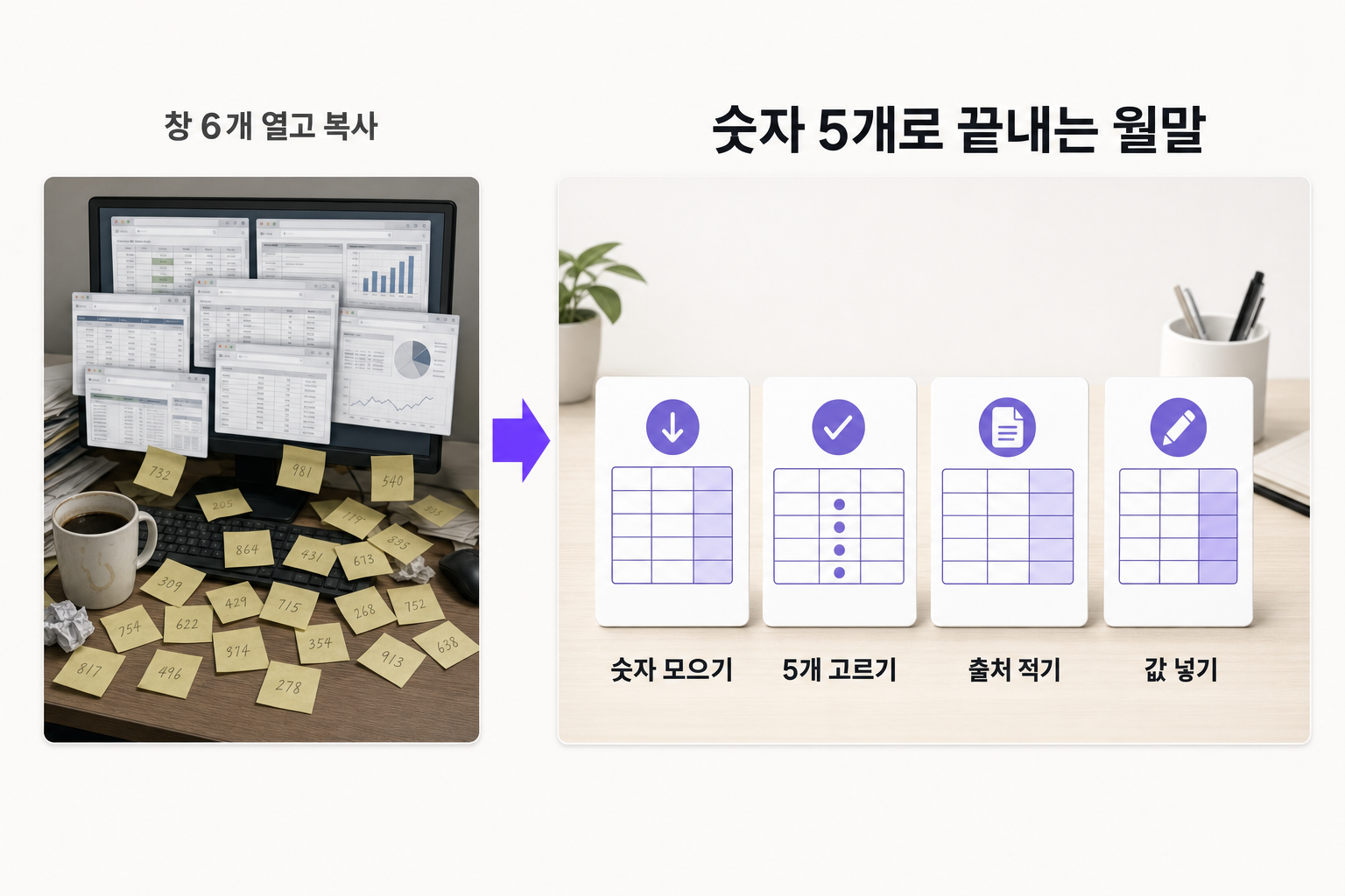 월말 숫자 정리를 클로드로 끝내는 방법, 4단계 — 문제와 해결을 한 장으로 정리한 인포그래픽