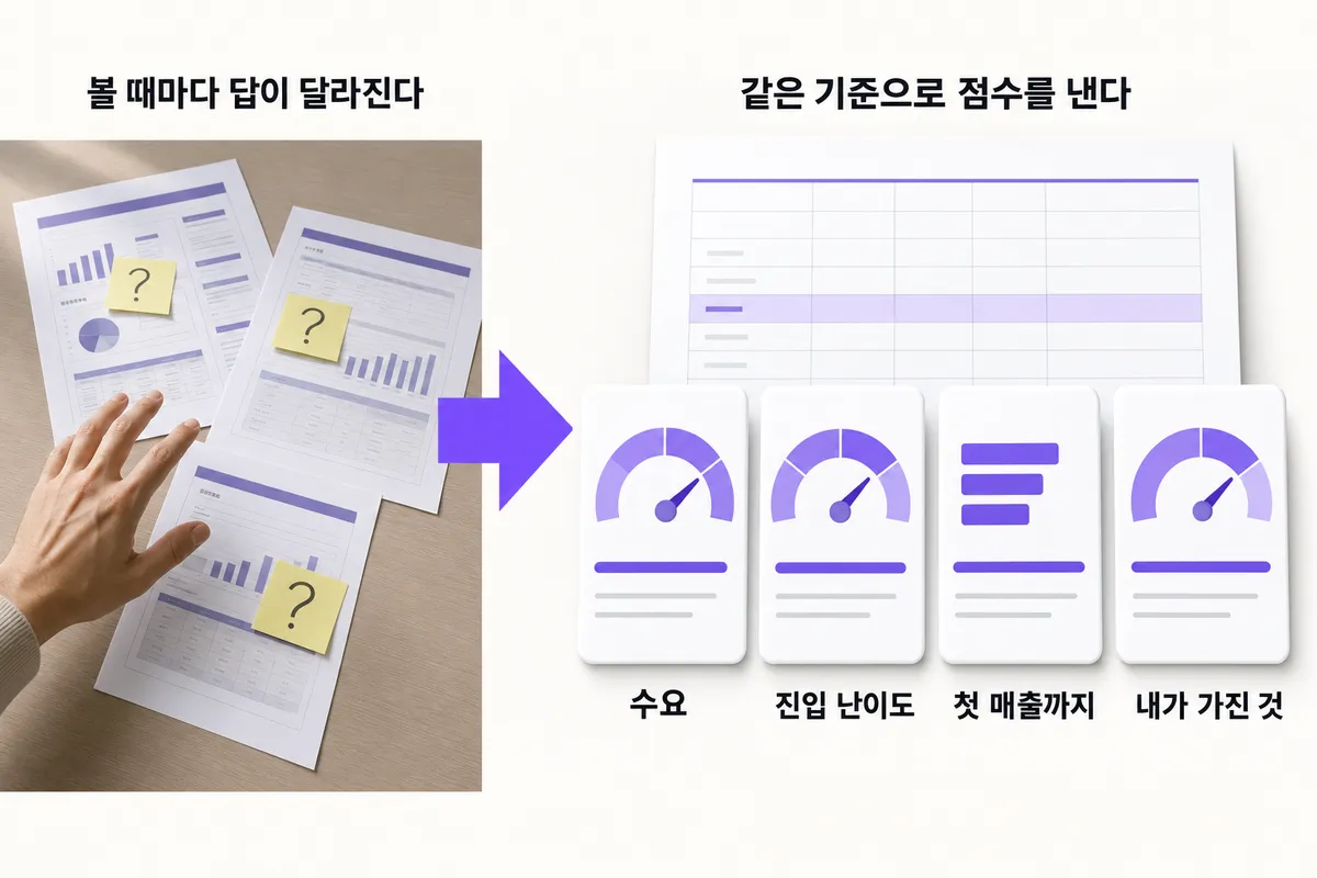 AI 창업 아이템, 후보 3개를 놓고 못 고를 때 — 문제와 해결을 한 장으로 정리한 인포그래픽