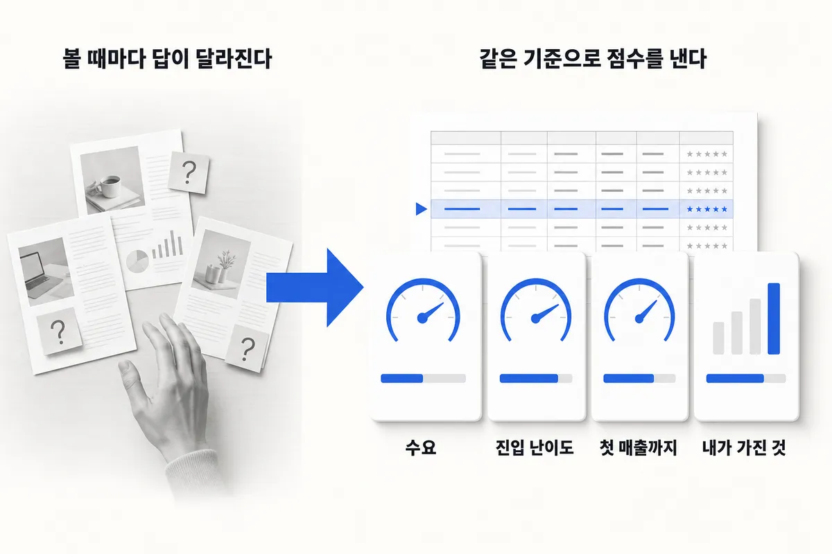AI 창업 아이템, 후보 3개를 놓고 못 고를 때 — 문제와 해결을 한 장으로 정리한 인포그래픽