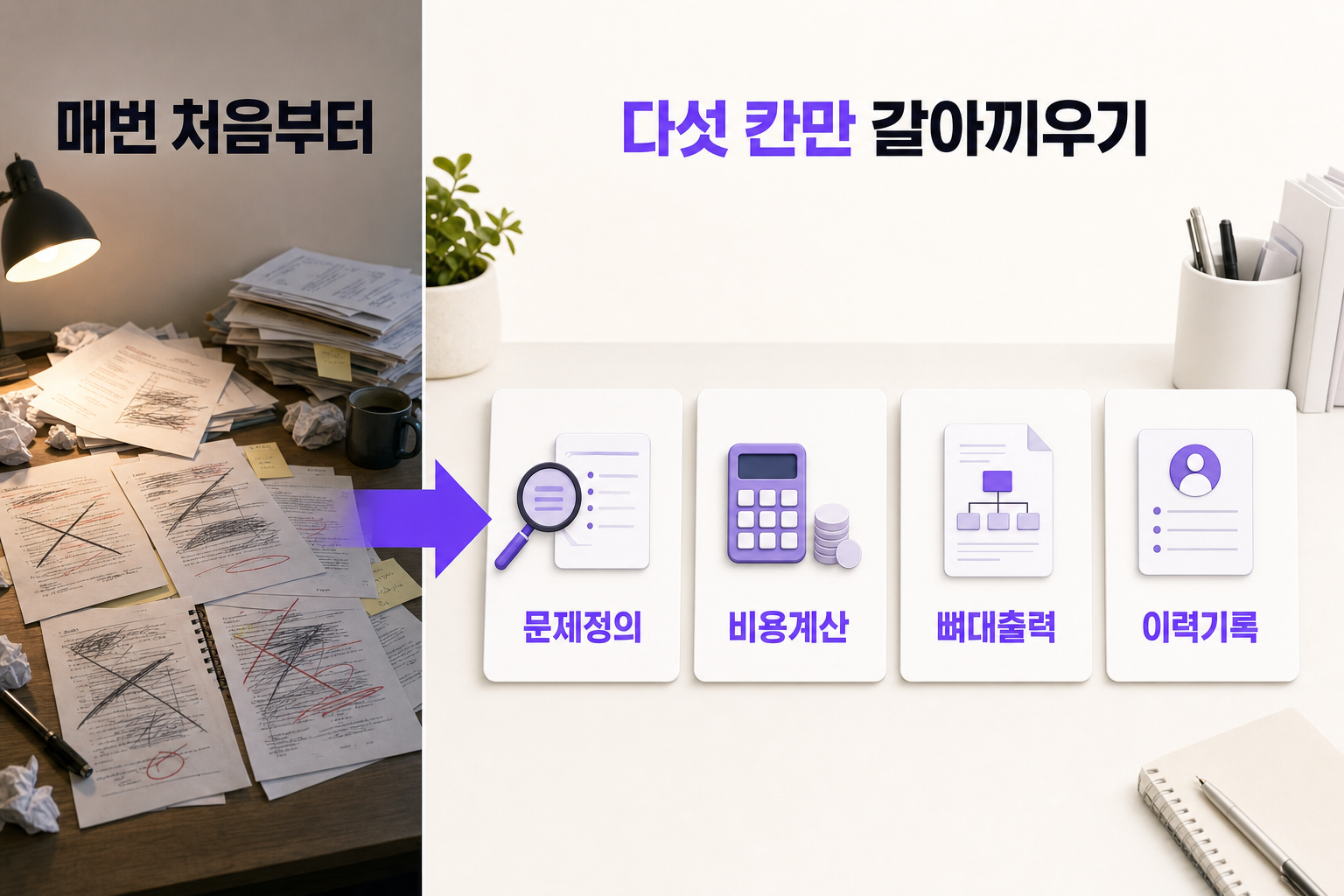 제안서를 매번 처음부터 쓸 때 — 문제와 해결을 한 장으로 정리한 인포그래픽