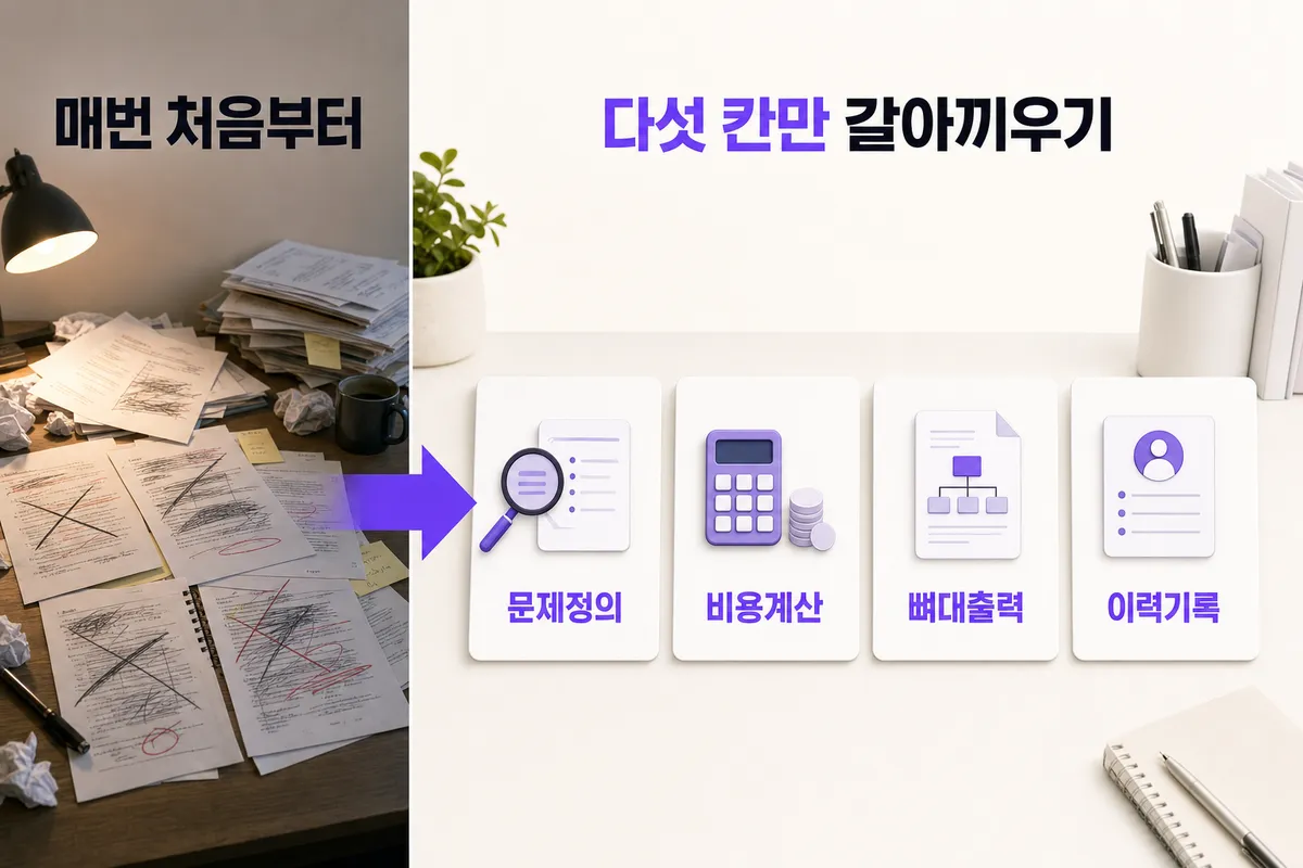 제안서를 매번 처음부터 쓸 때 — 문제와 해결을 한 장으로 정리한 인포그래픽