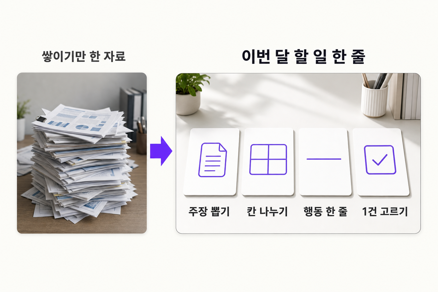 쌓아 둔 조사 자료를 이번 달 할 일로 바꾸는 방법, 4단계 — 문제와 해결을 한 장으로 정리한 인포그래픽