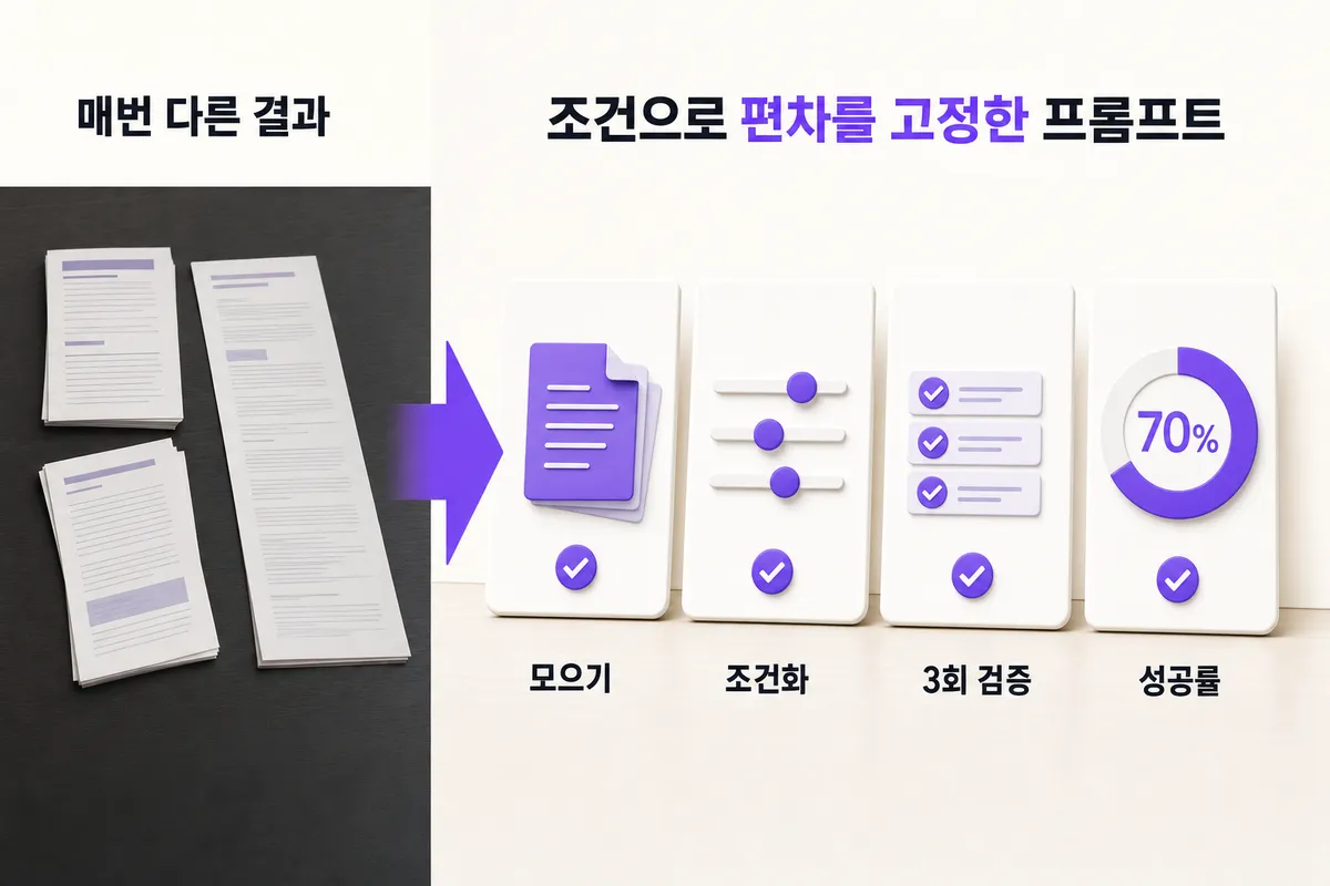 AI 답이 매번 다르게 나올 때 — 문제와 해결을 한 장으로 정리한 인포그래픽