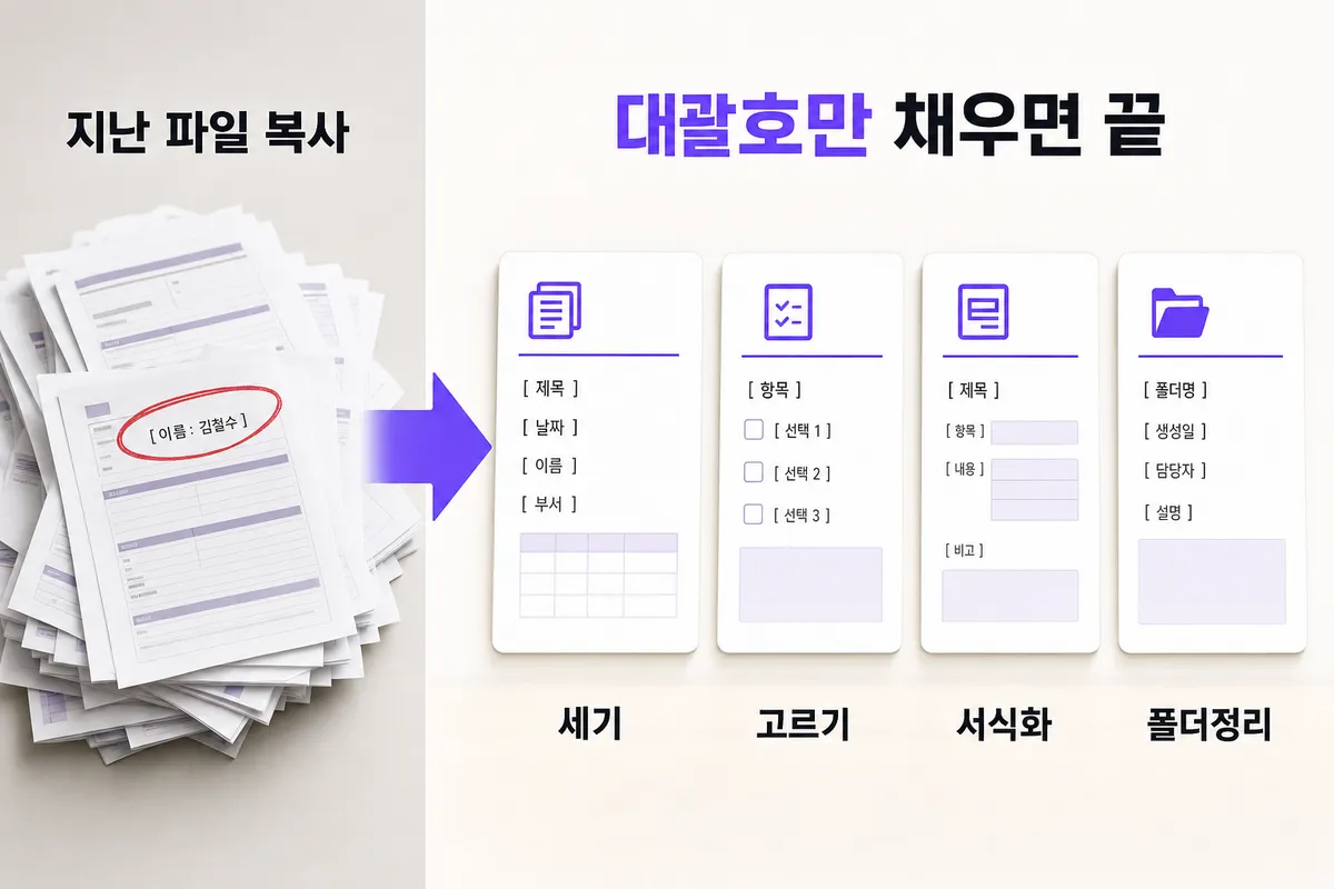 매번 같은 문서를 새로 만들 때 — 문제와 해결을 한 장으로 정리한 인포그래픽