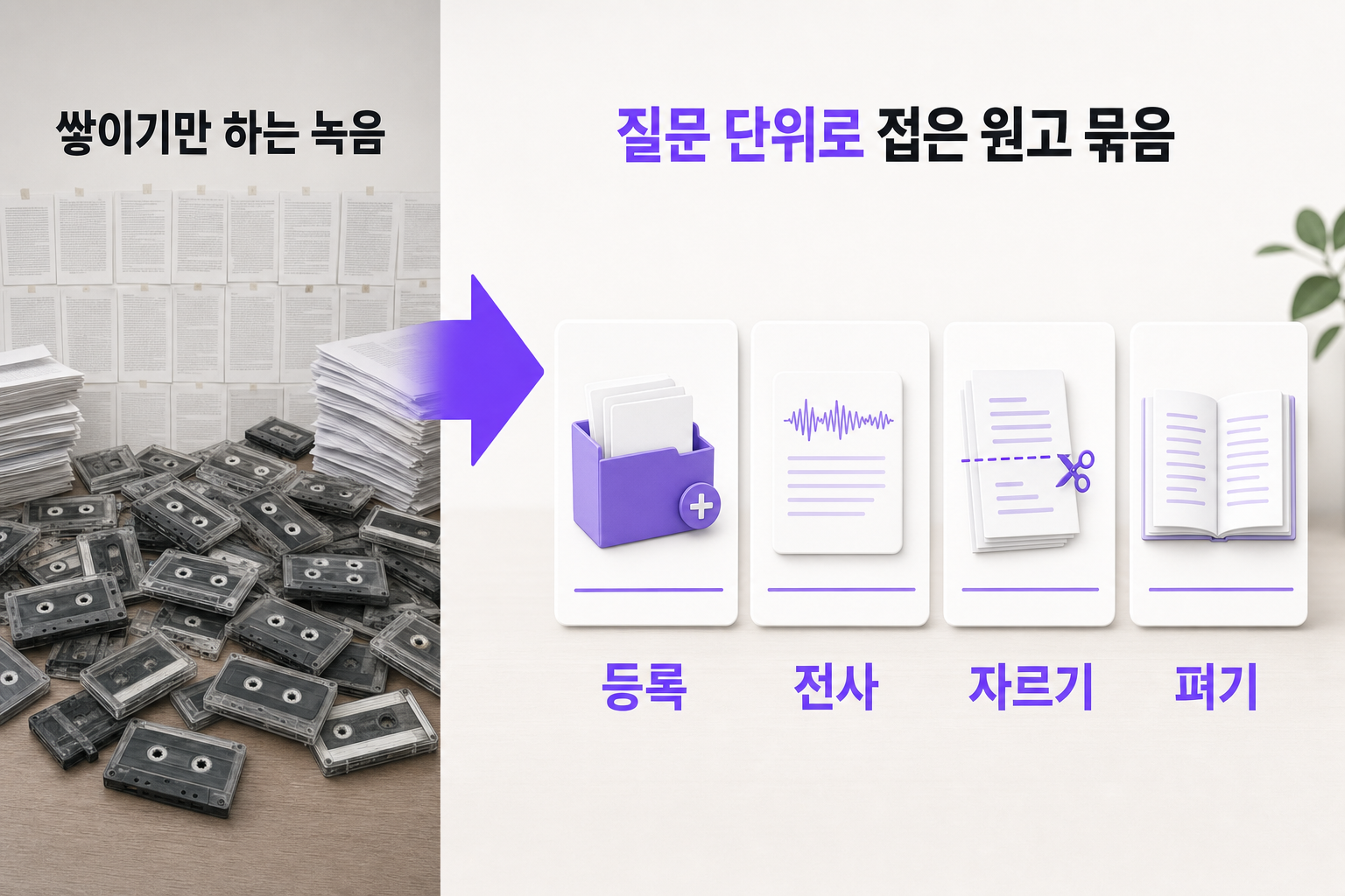 녹음은 쌓이는데 글이 안 나올 때 — 문제와 해결을 한 장으로 정리한 인포그래픽