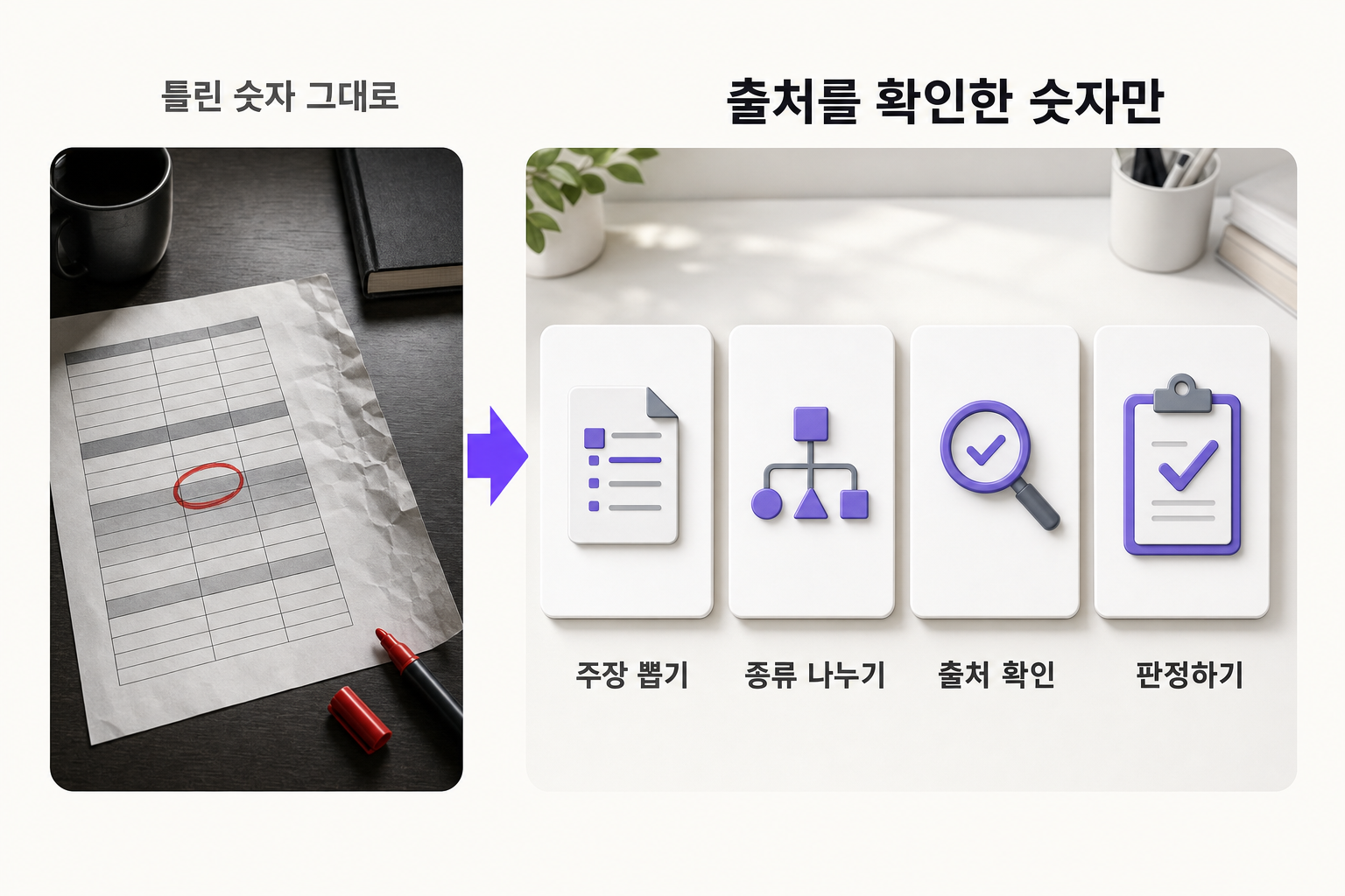 AI 답에서 틀린 숫자와 날짜만 골라 검증하는 방법, 4단계 — 문제와 해결을 한 장으로 정리한 인포그래픽